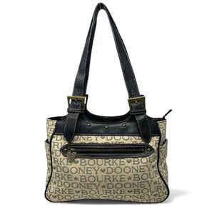 Dooney Bourke Tote Bag Tan Canvas  Black Lettering Leather Handbag Adjustable